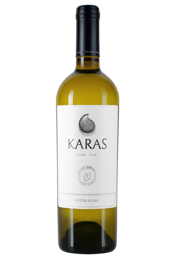 Wine bottle with 'KARAS' label on a white background